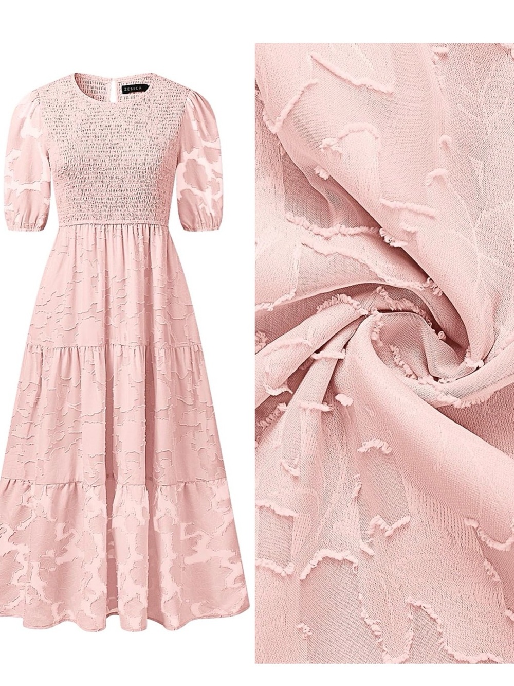 Smocked Bodice Tiered Midi Dress - Blush Pink